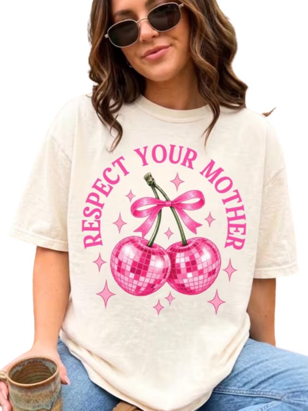 Cream Respect your mother Tee with Pink Cherry Disco Graphic